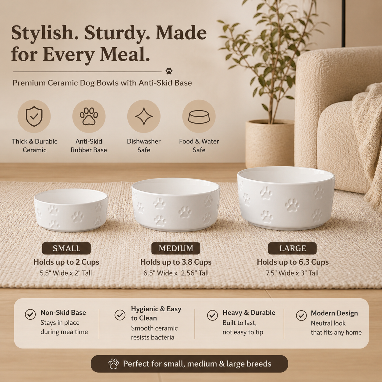 Pawsome Ceramic Dog Bowls - White