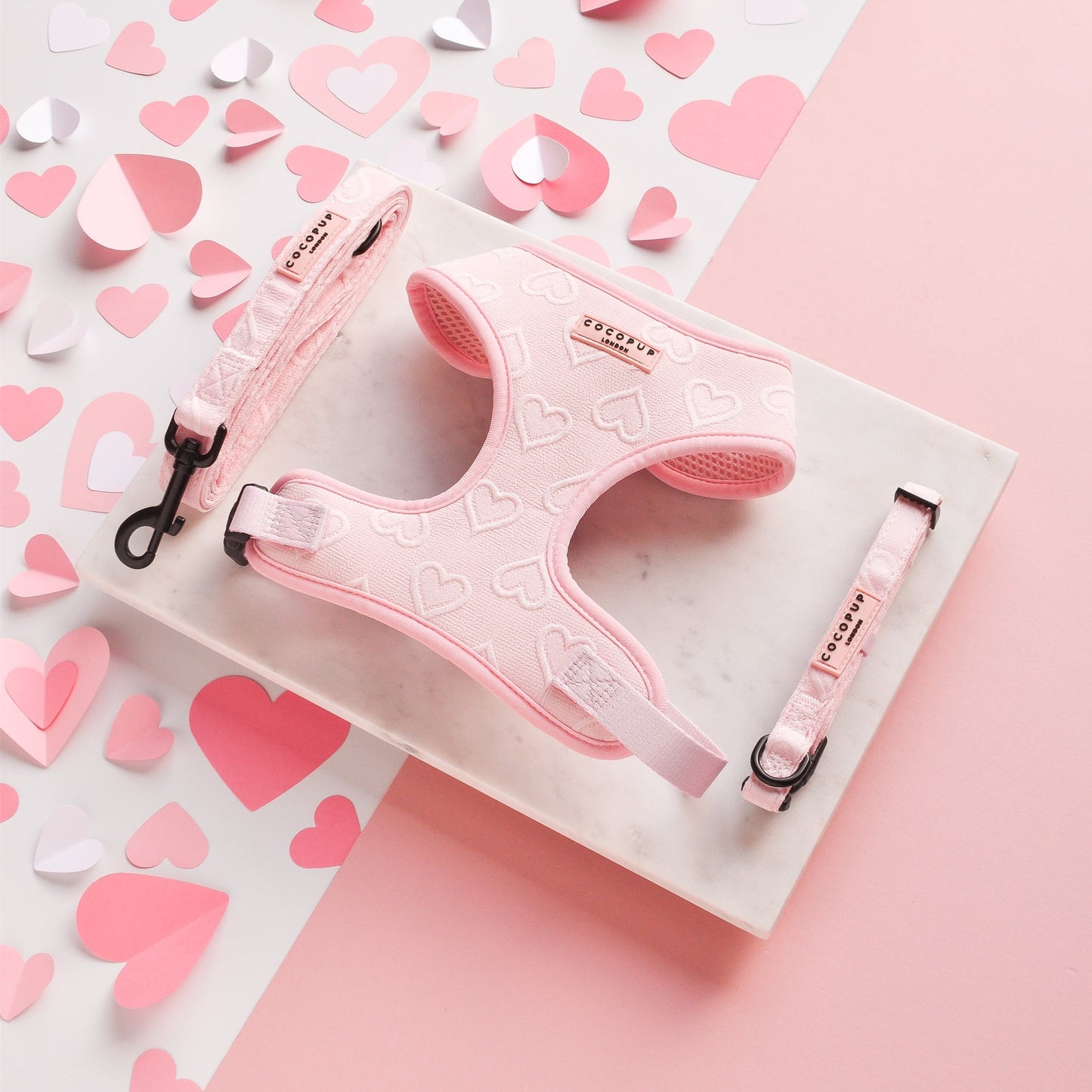 Pink Heart Harness, Leash and Collar Bundle