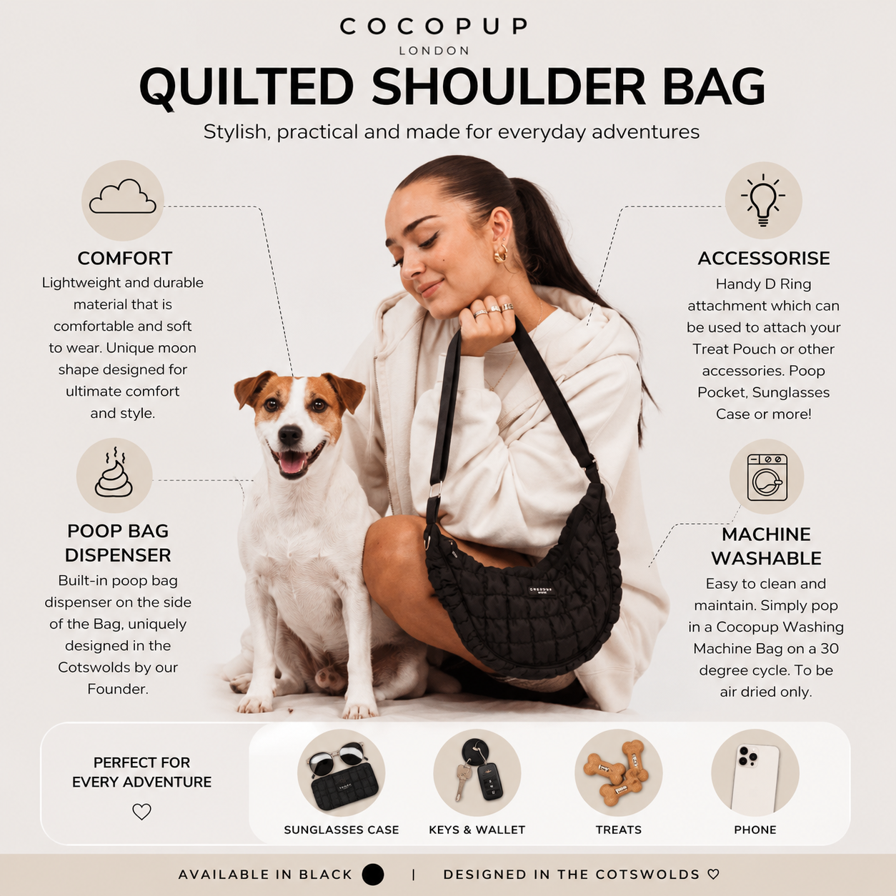 Crossbody Crescent Dog Walking Bag - Onyx