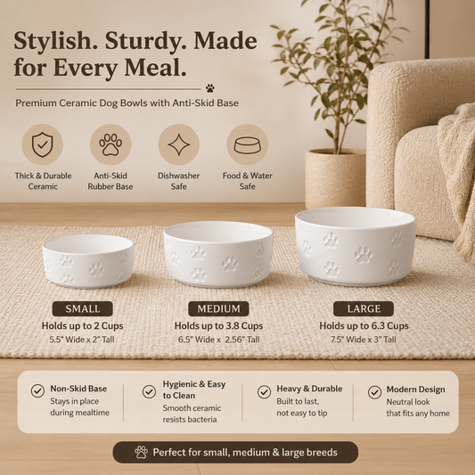Pawsome Ceramic Dog Bowls - White
