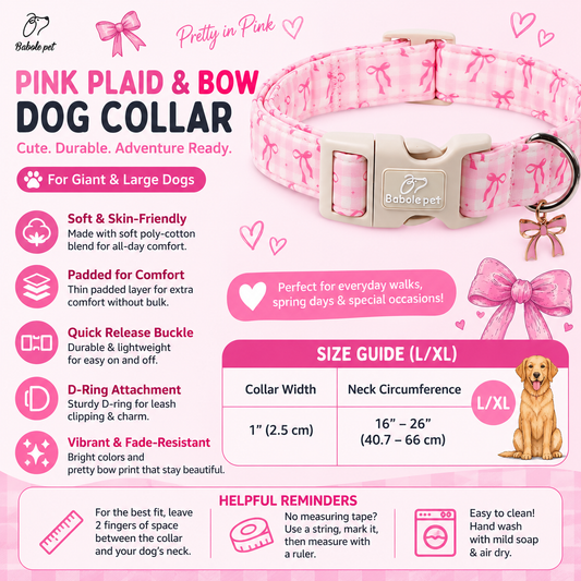Pink Plaid & Bow Collar (For Large Breeds)