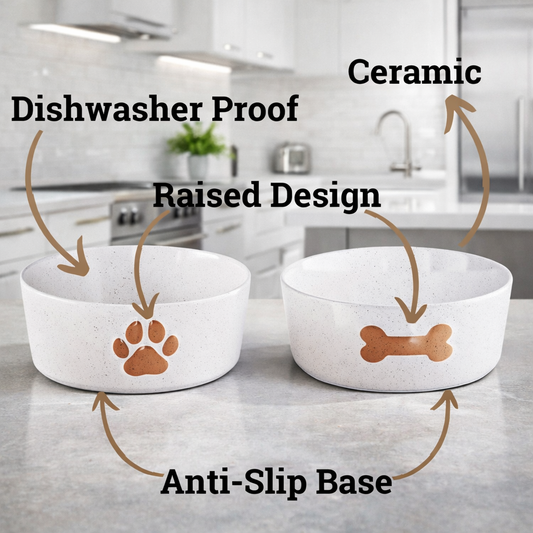 Ceramic Dog Bowl - Brown Paw & Bone