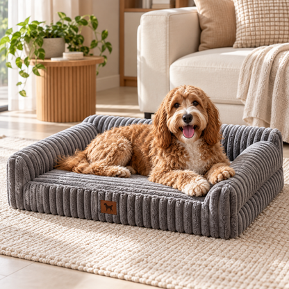 Grey orthopaedic dog bed in modern home