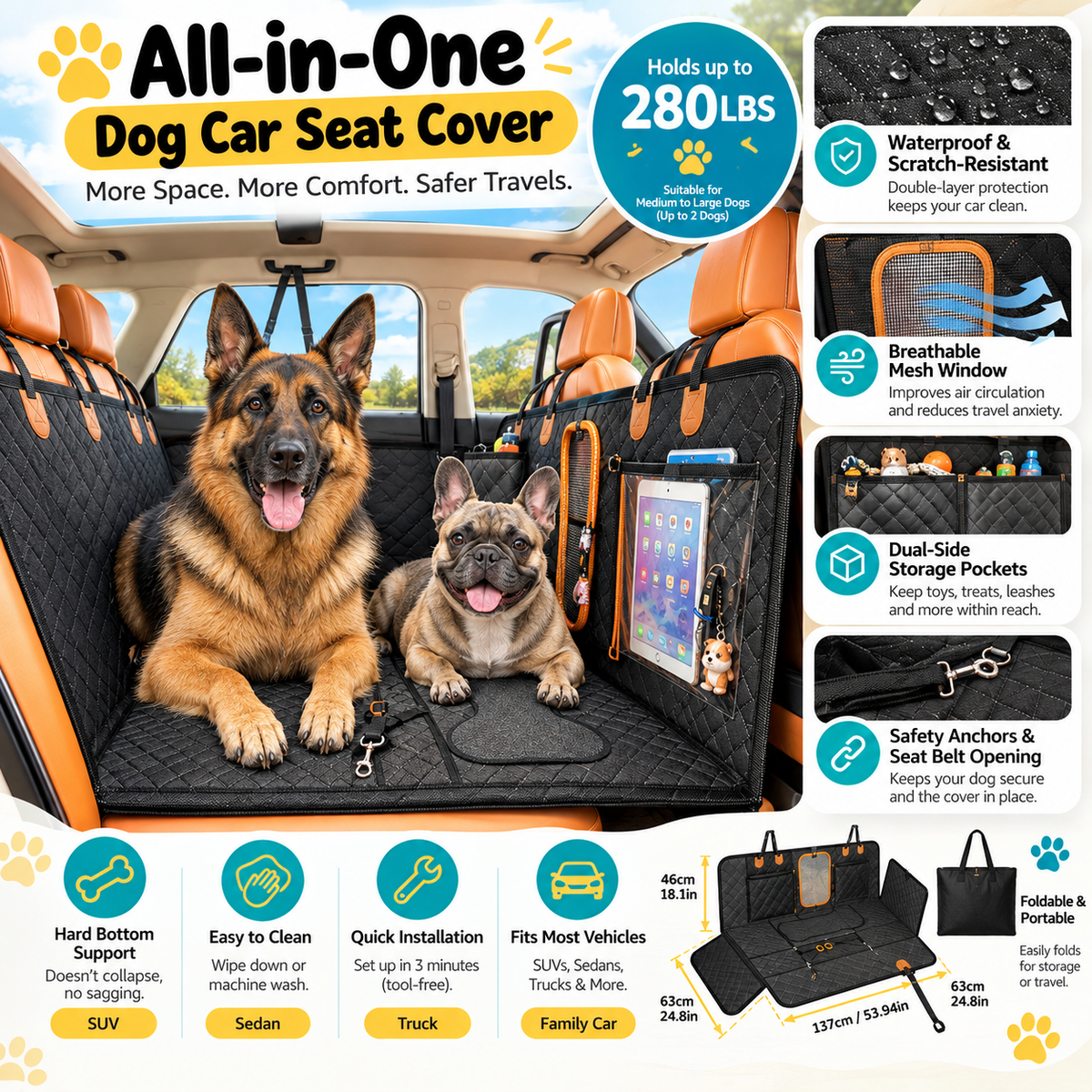 German Shepherd and French Bulldog on a black quilted dog car seat extender
