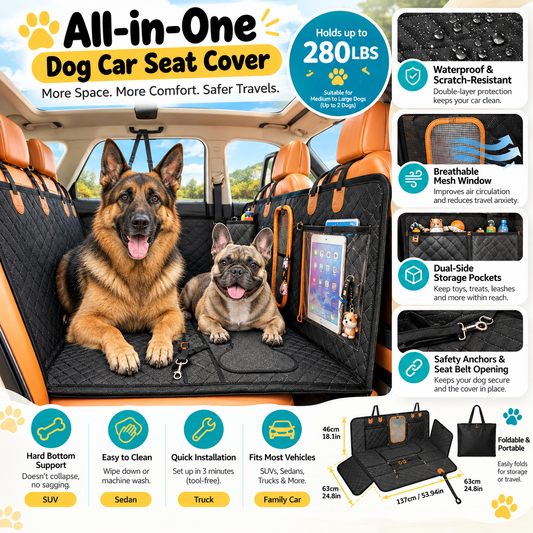 German Shepherd and French Bulldog on a black quilted dog car seat extender