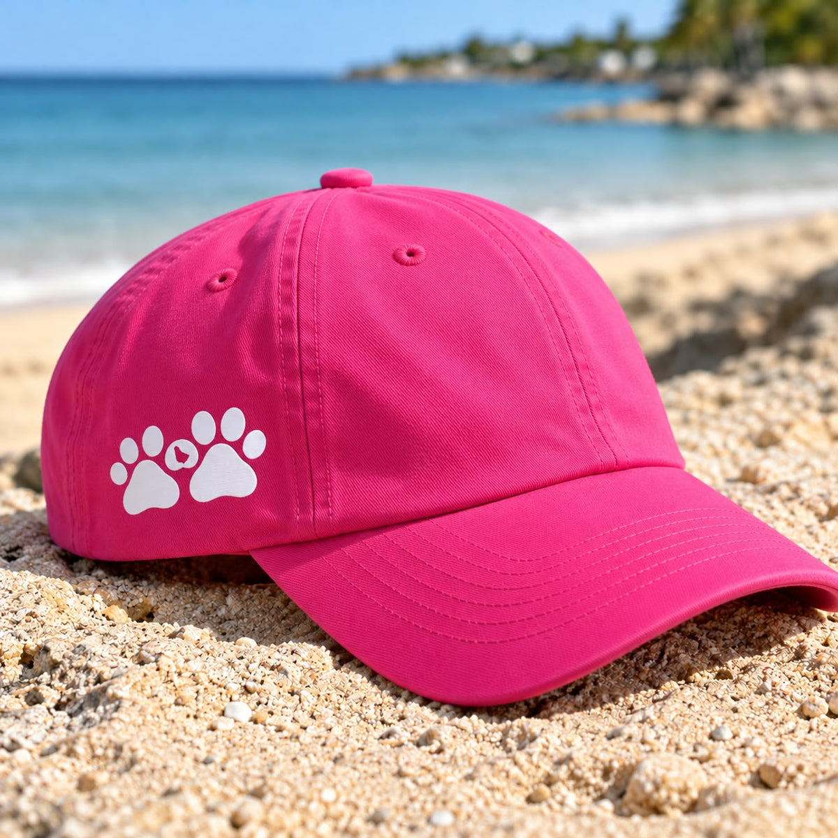 Pink Woofify icon hat with white paw print design